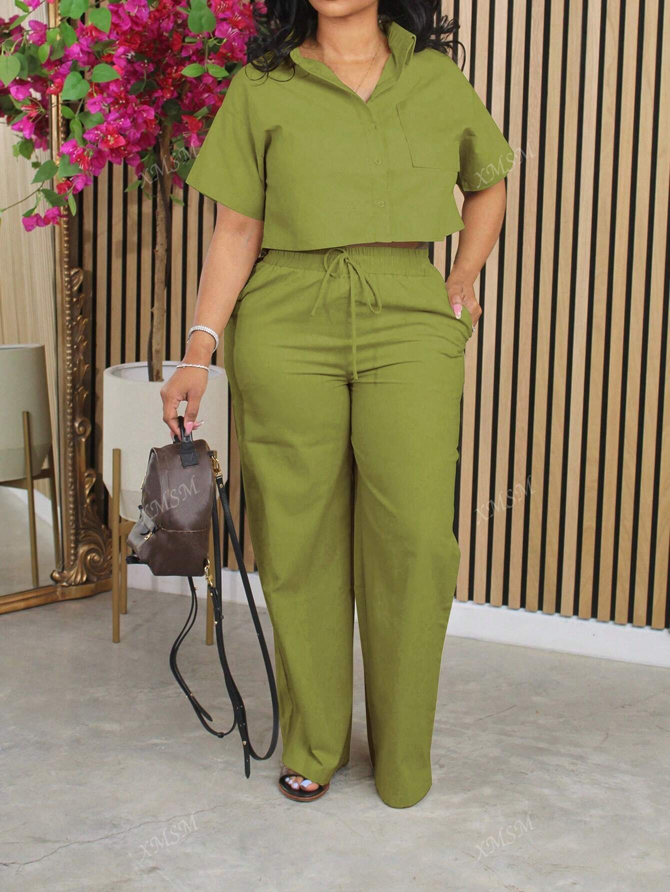 Short Sleeve Shirt and Wide-Leg Pants Set