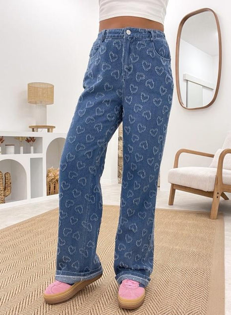 Denim Trousers Love Crochet Wash Straight Jeans