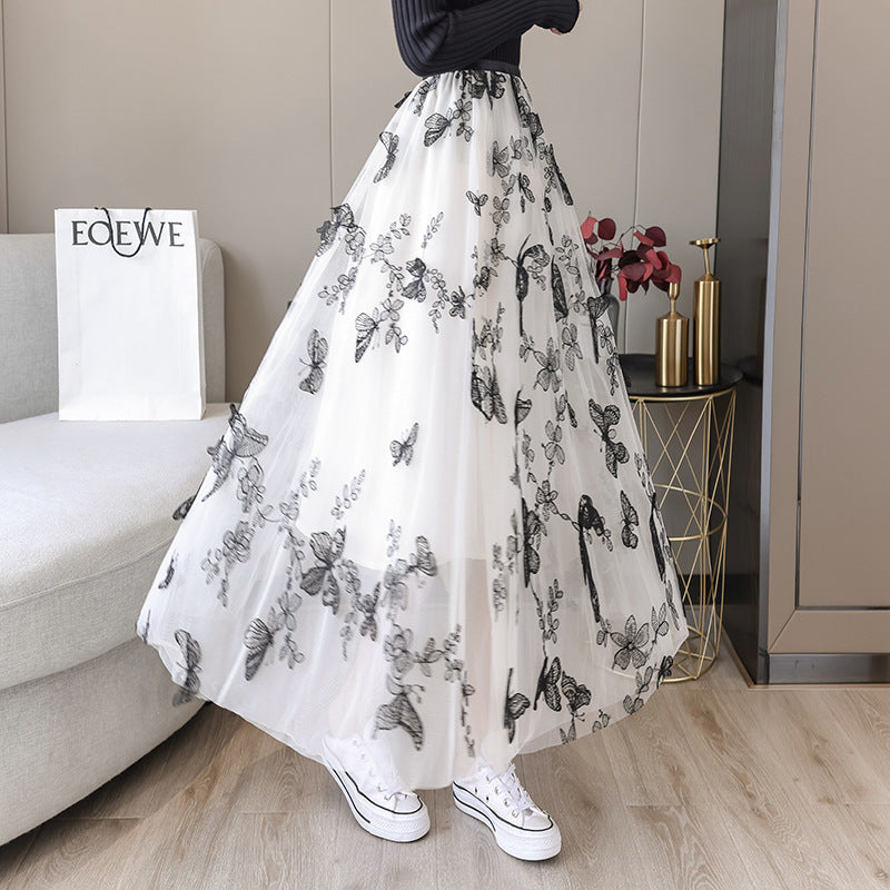 Embroidered Bow Lace Mesh Mid-length Skirt