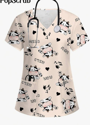 Vibrant Print Scrub Top Casual V