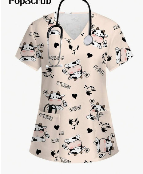 Vibrant Print Scrub Top Casual V