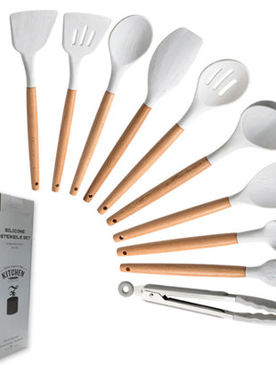 White Silicone Marbled Wooden Handle Kitchenware Set of 11