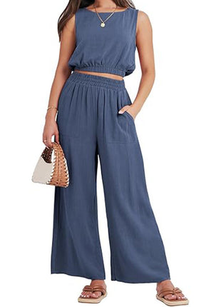 Round Neck Sleeveless Lower Hem High Waist Wide Leg Two-piece Set