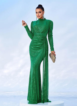 Long Sleeve Sequined Banquet Dress