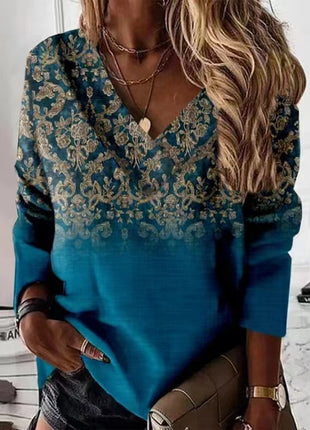 Retro V-neck Long-sleeved T-shirt