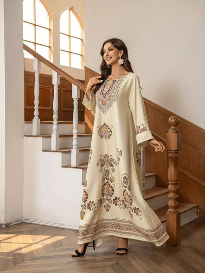 Elegant Floral Printed Middle Eastern Long Dress