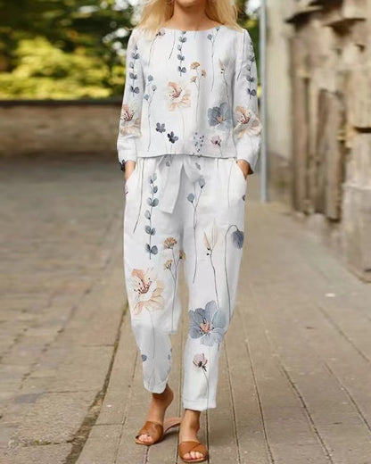 Casual Floral Round Neck Long-sleeve Suit