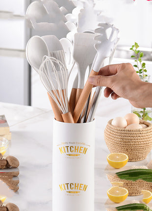 White Silicone Marbled Wooden Handle Kitchenware Set of 11