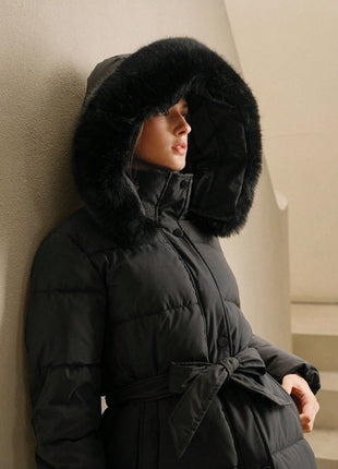 Anewsta Long Sleeve Zip Up Hooded Padded Coat with Faux Fur Trim