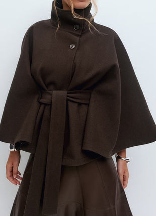 Winter High Neck Batwing Sleeve Coat with Belt
