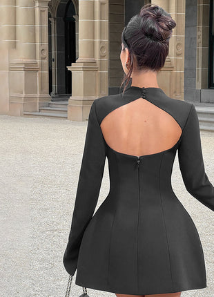 Round Neck Long Sleeve Slim Fit Cinched Short Dress