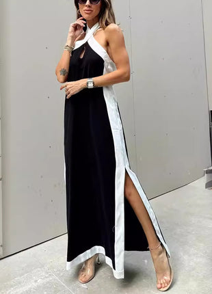 Cotton And Linen Backless Halter Split Dress