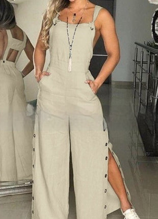 Sleeveless Side Pocket Side Buckle Wide Leg Jumpsuit