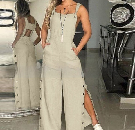 Sleeveless Side Pocket Side Buckle Wide Leg Jumpsuit