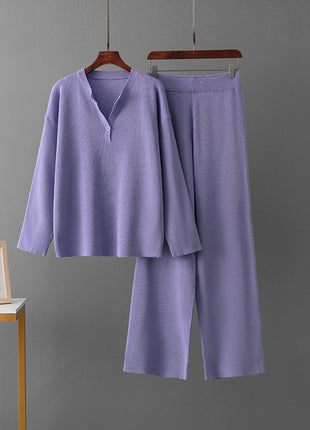 Fashion Loose V-neck Knit Casual Suit