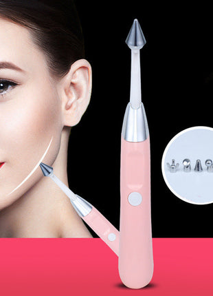 Pink skin care tool with interchangeable heads next to a woman's face on a red background