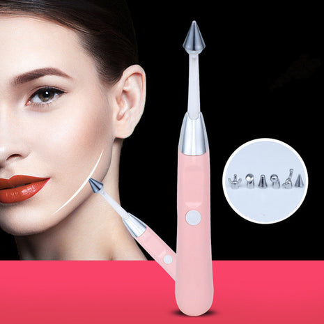 Pink skin care tool with interchangeable heads next to a woman's face on a red background