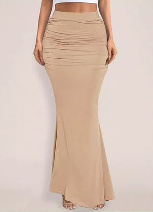 Stretch Silk Slim Hip Pleated Wide Hem Long Skirt