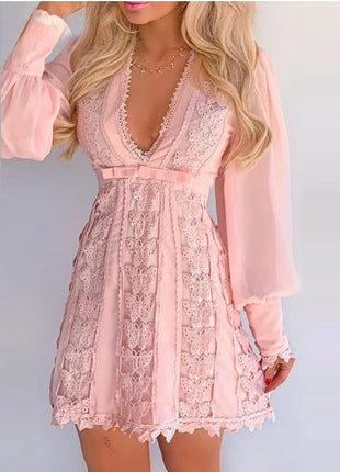 White Elegant V Neck Lace Long Puff Sleeve Butterfly Dress