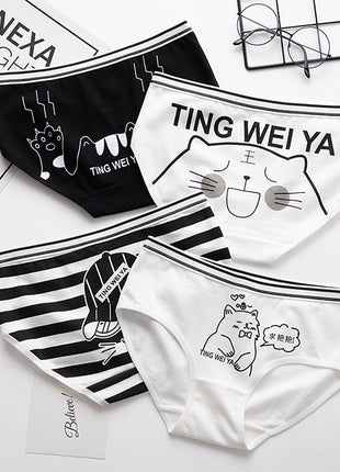 Black And White Cute Cartoon Mid Waist Sheath Breathable Underwear