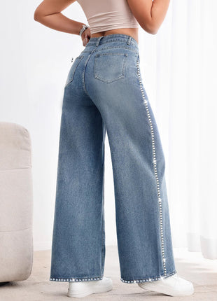 Retro Wide Leg Washed Beaded Drawstring High Waist Jeans