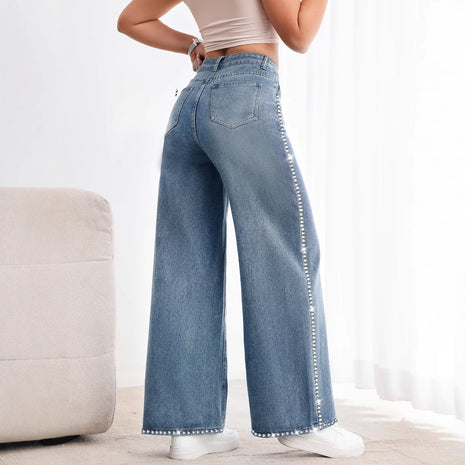 Retro Wide Leg Washed Beaded Drawstring High Waist Jeans