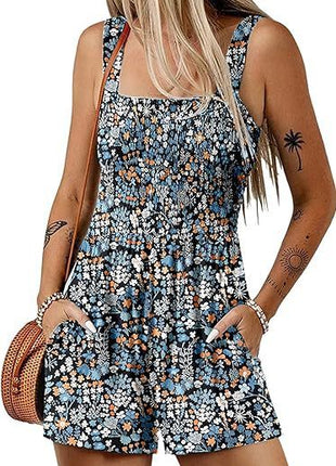 Casual Pleated Square Collar Sleeveless Loose Shorts Jumpsuit