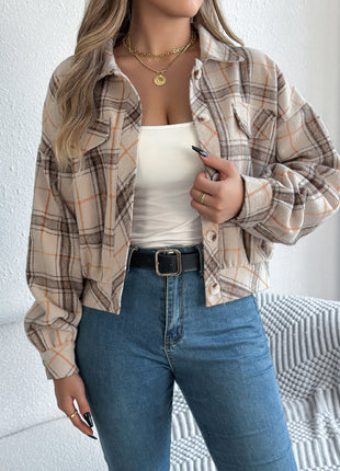 Plaid Faux Pocket Long Sleeve Woolen Coat