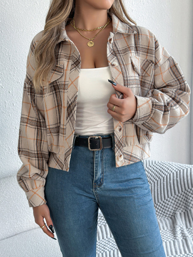 Plaid Faux Pocket Long Sleeve Woolen Coat