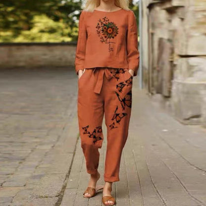 Casual Floral Round Neck Long-sleeve Suit