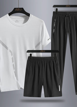 Men's Sports Short Sleeve  Pants Three-piece Thin Breathable