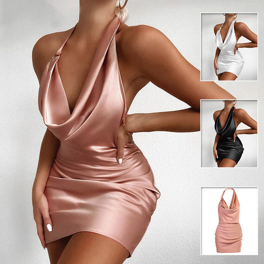 Satin V Neck Backless Mini Sleeveless Party Dress