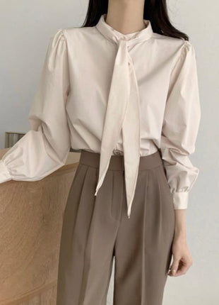 Korean Gentle Lace-up Bow Tie Puff Sleeve Shirt