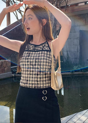 Split Stitching Plaid Halter Vest