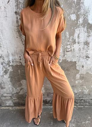 Short-sleeved Round Neck Pullover Top and Drawstring Wide-leg Pants Set