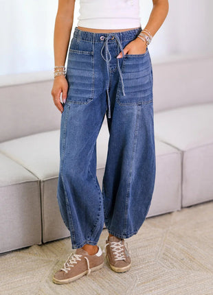Lace-up With Pockets Casual Loose Jeans