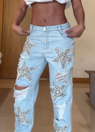 Five-pointed Star Hot Diamond Ripped Jeans