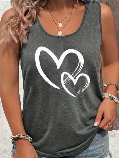 Casual Hearts Print Crew Neck Sleeveless Tank Top