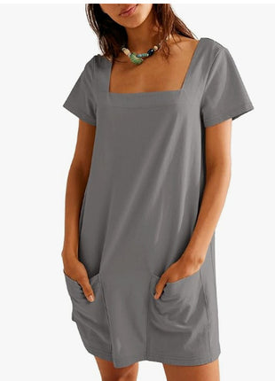 Square Collar Short Sleeve Short Skirt Pocket Dress