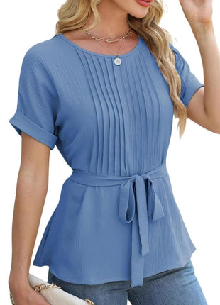 Casual Shirt Ruffled Pleated Round Neck Short Sleeve Top
