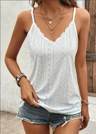 V Neck Eyelet Cami Elegant Scallop Trim Sleeveless Top