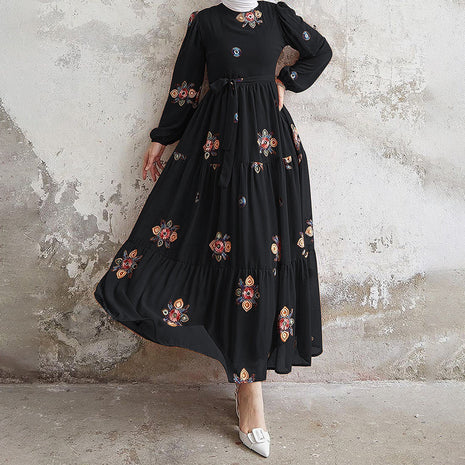 Elegant Umbrella Embroidery with Belt Dress