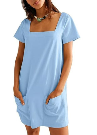 Square Collar Short Sleeve Short Skirt Pocket Dress