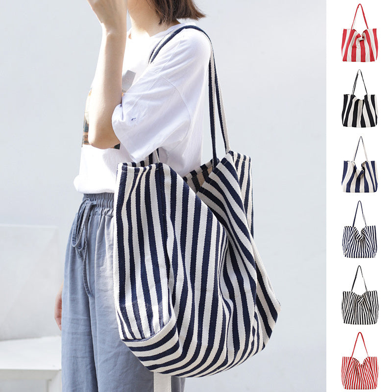 Striped Canvas Big Capacity Shoulder Handbags