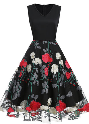 V-neck Sleeveless Mesh Peony Patchwork Dress