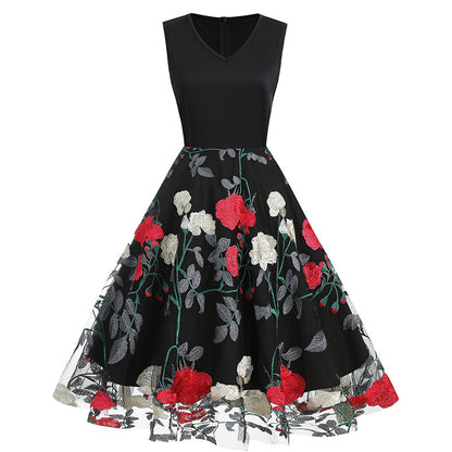 V-neck Sleeveless Mesh Peony Patchwork Dress