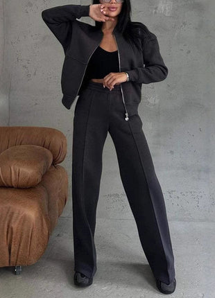 Zipper Jacket and Wide Leg Pants Set