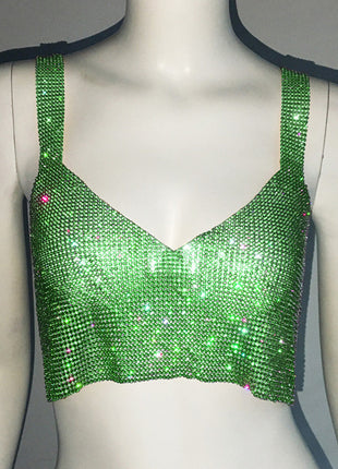 Deep V nick Rhinestone Metal Camisole Split Short Top