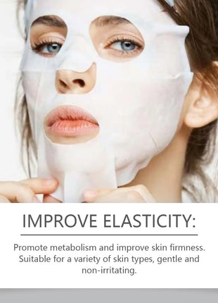 Woman wearing a white face mask with text about improving elasticity.