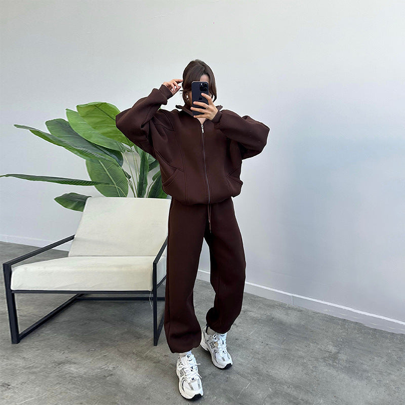 Stand-up Collar Zipper and Drawstring Trousers Set with Pockets